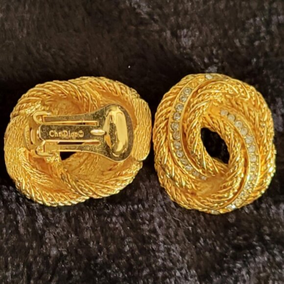 Vintage Christian Dior Clip-On Earrings – Gold-Tone Knot with Rhinestones - Picture 1 of 1